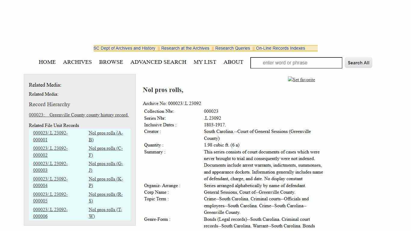 Nol pros rolls, SC Department of Archives and History